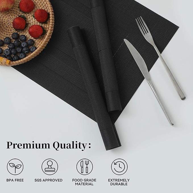 Leetaltree Black Frame Placemats Set of 6 - Heat Resistant Non-Slip Place mats for Dining Table, Washable Durable PVC Vinyl Woven Table Mats（Black Frame, 6）