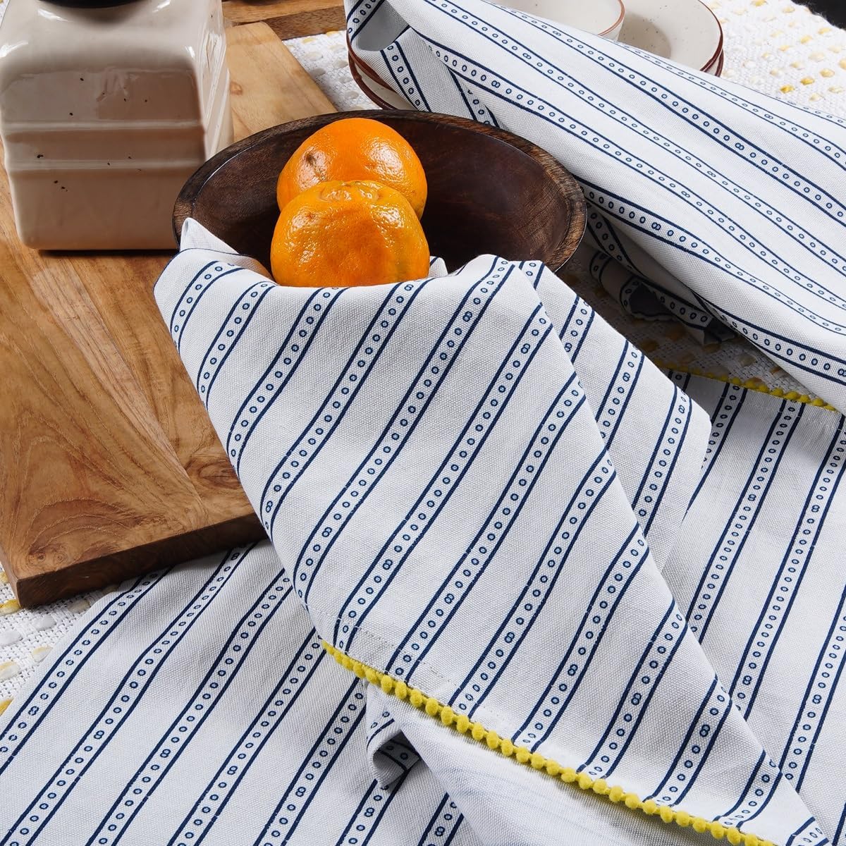 Printed Kitchen Dish Bar and Tea Towels Cotton, 18x28 inch with Trims, Cotton Dish Towel Sets (Blue Stripes, Set of 6)