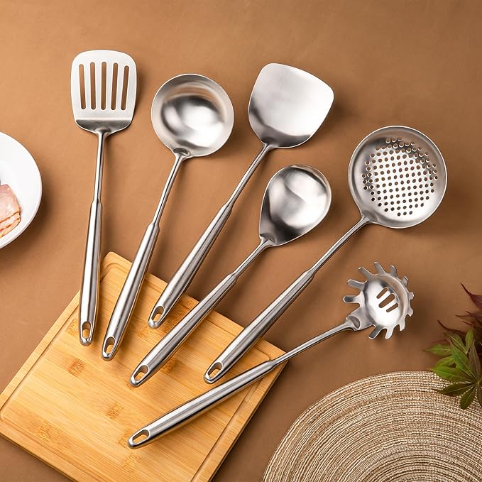 FJNATINH 6-Pieces 304 Stainless Steel Wok Spatula Set,Cooking Utensil Set,Soup Ladle Colander,Nonstick Kitchen Cooking Utensils Set with Spatula,Kitchenware Tools