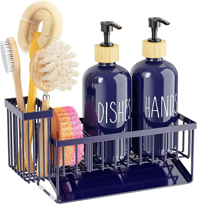 Cisily Navy Blue Kitchen Dish Soap Dispenser, 16 fl Oz Dual Kitchen Soap Dispensers with Sponge Holder, Customized Stainless Steel Kitchen Soap Dispenser Set, Modern Hand and Dish Soap Bottle Set