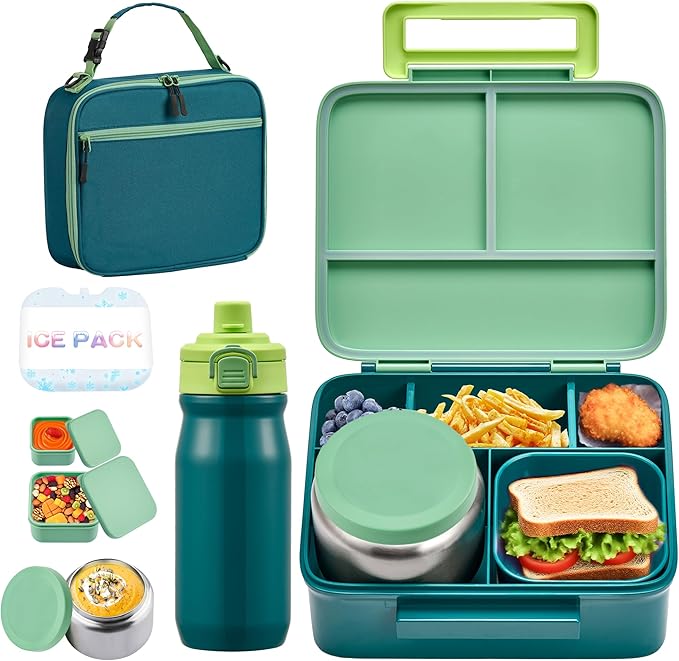 Bento Lunch Box for Kids with 8oz Soup Thermo, Leak-proof Lunch Food Containers with 5 Compartment, Insulated Lunch Bag & 17oz Stainless Steel Water Bottle for School, Trvael