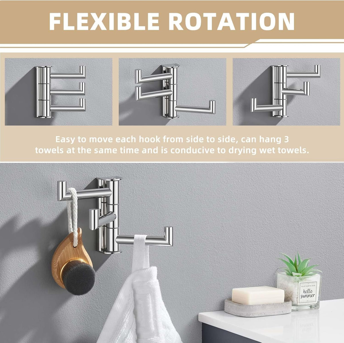 Suyar Bathroom Towel Hook Polished Chrome, SUS 304 Stainless Steel Swivel Robe Hook with 3 Arms, Towel Hanger Wall Mounted