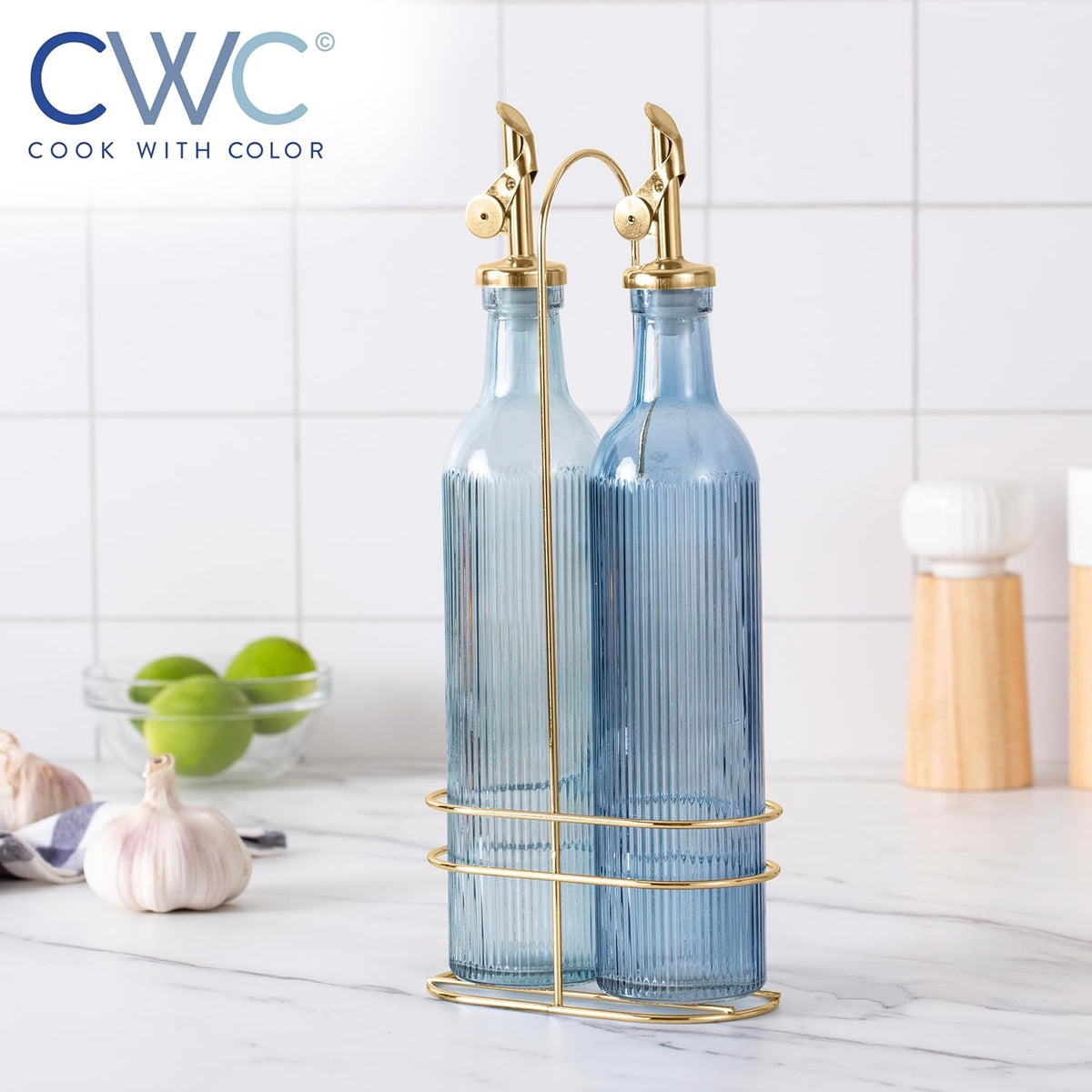 COOK WITH COLOR Glass Olive Oil Bottle Dispenser - 2 Pack- 17oz Oil and Vinegar Cruet - Olive Oil Carafe Decanter for Kitchen