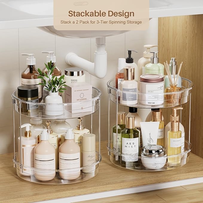 LAMU 2 Pack 2 Tier Lazy Susan Turntable Organizer 12inch Rotating Spice Rack Organization for Cabinet, Kitchen, Pantry, Countertop, Bathroom, Vanity, Medicine Cabinet Organizer, Clear
