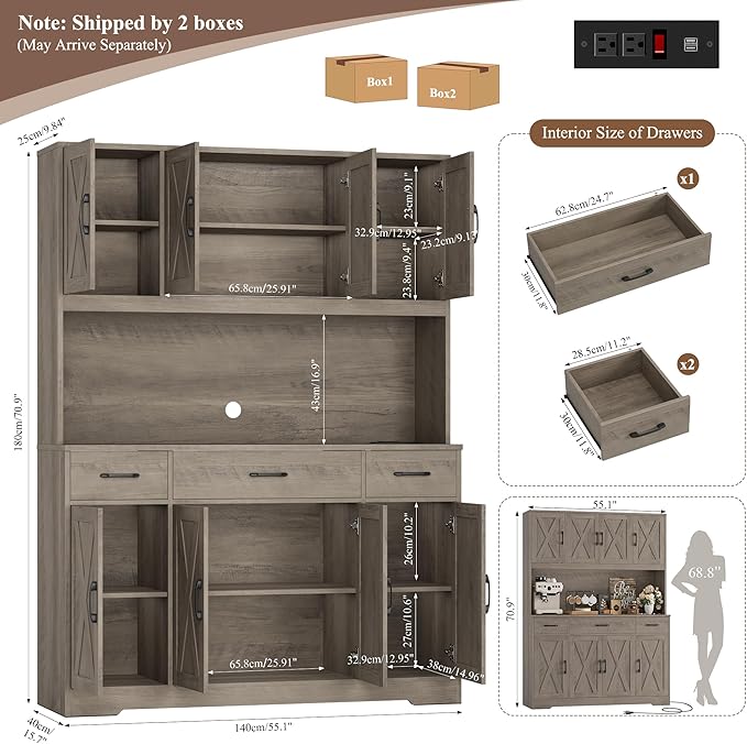 HOSTACK 71" Tall Kitchen Pantry Storage Cabinet with Charging Station, 55" Wide Kitchen Hutch Cabinet with Large Countertop, Farmhouse Food Pantry with Drawers for Living Room, Ash Grey