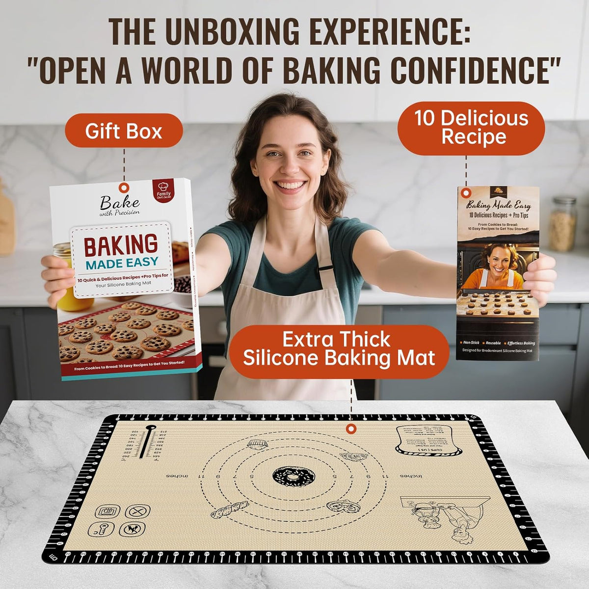Silicone Baking Mat with 10 Recipes, Non Stick Silicone Pastry Mat, Kneading Dough Rolling Mat Silicone Mats for Baking Cookie, bread, Pizza, Surdough, Extra Thick Oven Mat & Dishwasher Safe
