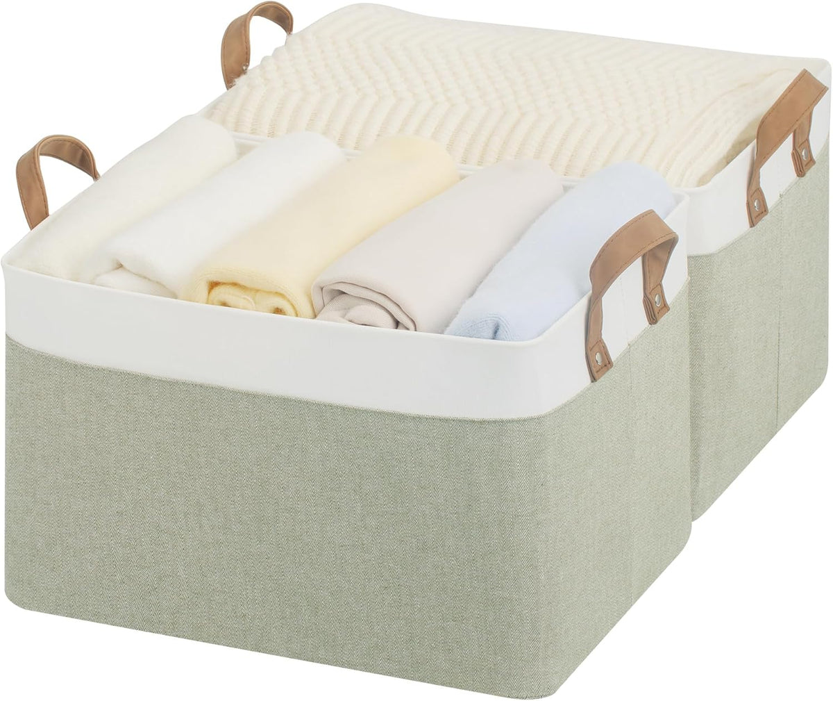 StorageWorks Storage Bins, Fabric Storage Bins for Shelves, Large Storage Baskets with Metal Frame, Closet Baskets and Bins with Handles, Green and White, 2-Pack