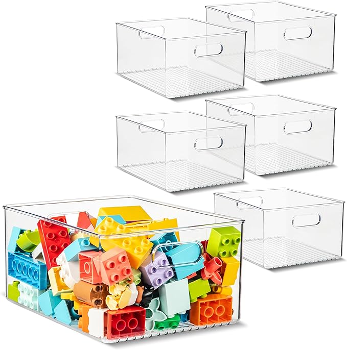 6 Pack Clear Plastic Organizer Bins with Handles for Home Organization. Storage Containers for Organizing Fridge, Freezer, Cabinet. Pantry, Great for Kitchen, Garage, Laundry Room. 10"x8"x5"