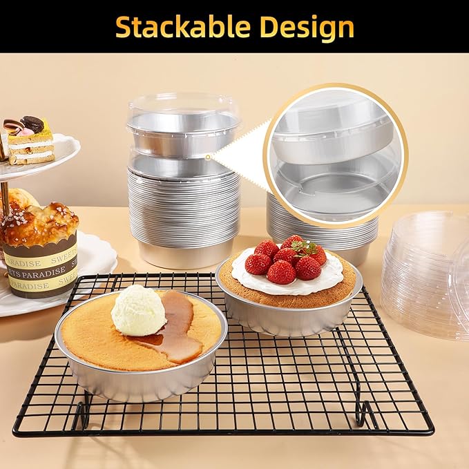 Beasea Pie Tins with Lids 8oz, 100 Pack 4 Inch Disposable Mini Creme Brulee Ramekins Silver Small Aluminum Foil Pie Tart Cake Baking Pans Individual Round Containers Oven Safe for Baking