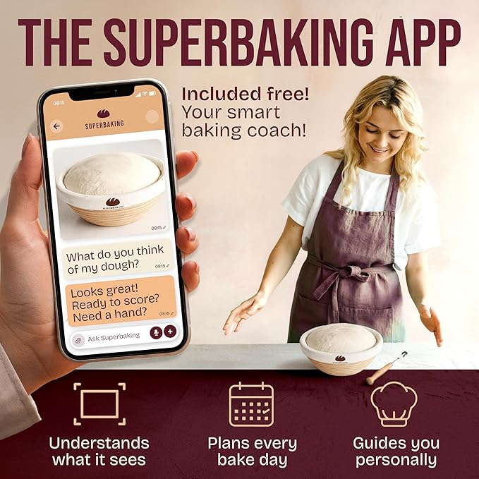 Superbaking Sourdough Starter Kit, 9" Round Banneton Bread Proofing Basket Set, Sourdough Bread Baking Supplies, Sourdough Tools with Silicone Bread Sling, Bread Making Tools, Baking Gifts