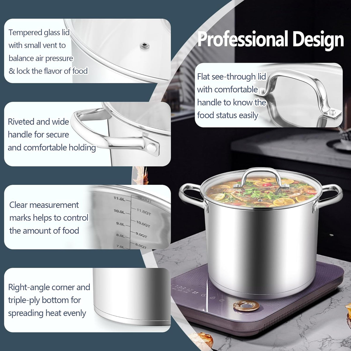E-far 12 Quart Cooking Stock Pot, Large Stainless Steel Pot for Canning Simmering Stewing, Heavy Duty Cookware with Tri-ply Base for Induction Gas Stoves, Soup Pots with Glass Lid, Dishwasher Safe