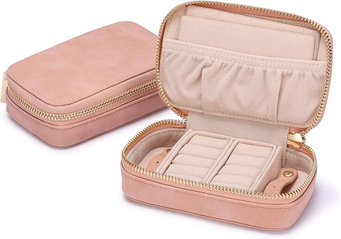 HISCOW Vegan Leather Travel Jewelry Case with Zipper - Portable Necklace & Earring Holder Organizer for Women Girls, Velvet-Lined Ring Box with Anti-Tarnish Design, Pink