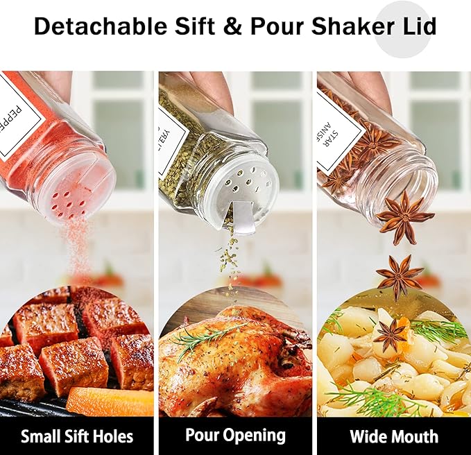 Aliggbent Spice Jars with Lable, 48 Pcs 4 oz Glass Spice Jars with Bamboo Lids, Spice Containers Bottles, Glass Seasoning Jars with Shaker Lids, Collapsible Funnel, for Spice Racks, Pantry,Cupboard