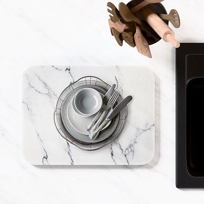 Premium Marble Diatomite Stone Dish Drying Mat, 15.7x11.8 inches, Ultra-Absorbent, Heat & Odor-Resistant, with Anti-Slip Pads & Sanding Tool for Easy Maintenance