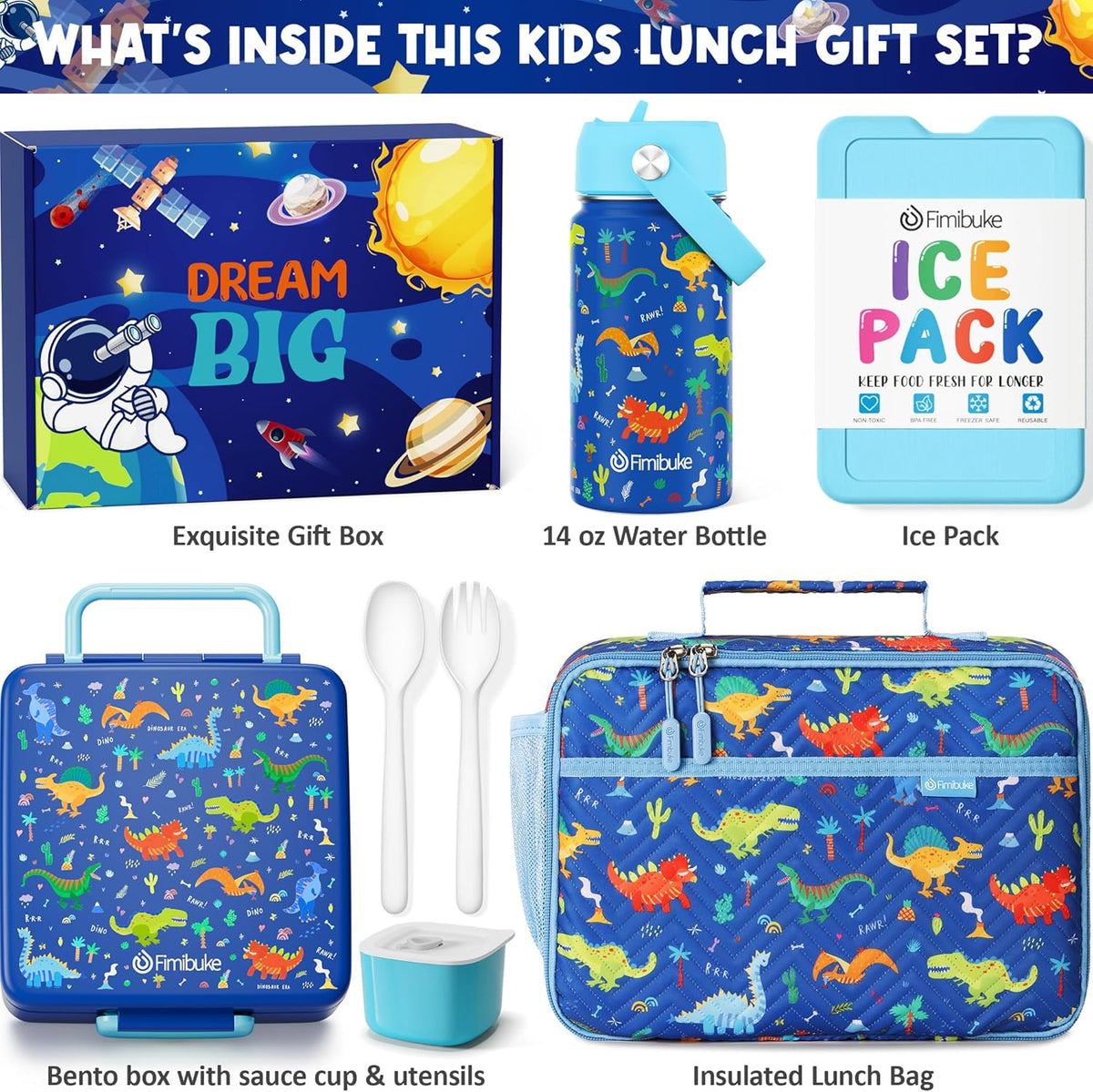 Fimibuke Kids Bento Lunch Box with 4 Compartments, Insulated lunch Bag, Stainless Steel Insulated Water Bottle, Ice Pack & Utensils Set, Birthday Gifts for Ages 3-12 Back to School Toddler Girls Boys