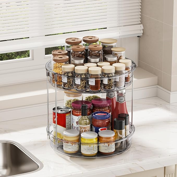 LAMU 12 inch 2 Tier Lazy Susan Turntable Organizer Rotating Spice Rack Organization for Cabinet, Kitchen, Pantry, Countertop, Bathroom, Vanity, Medicine Cabinet Organizer, Grey