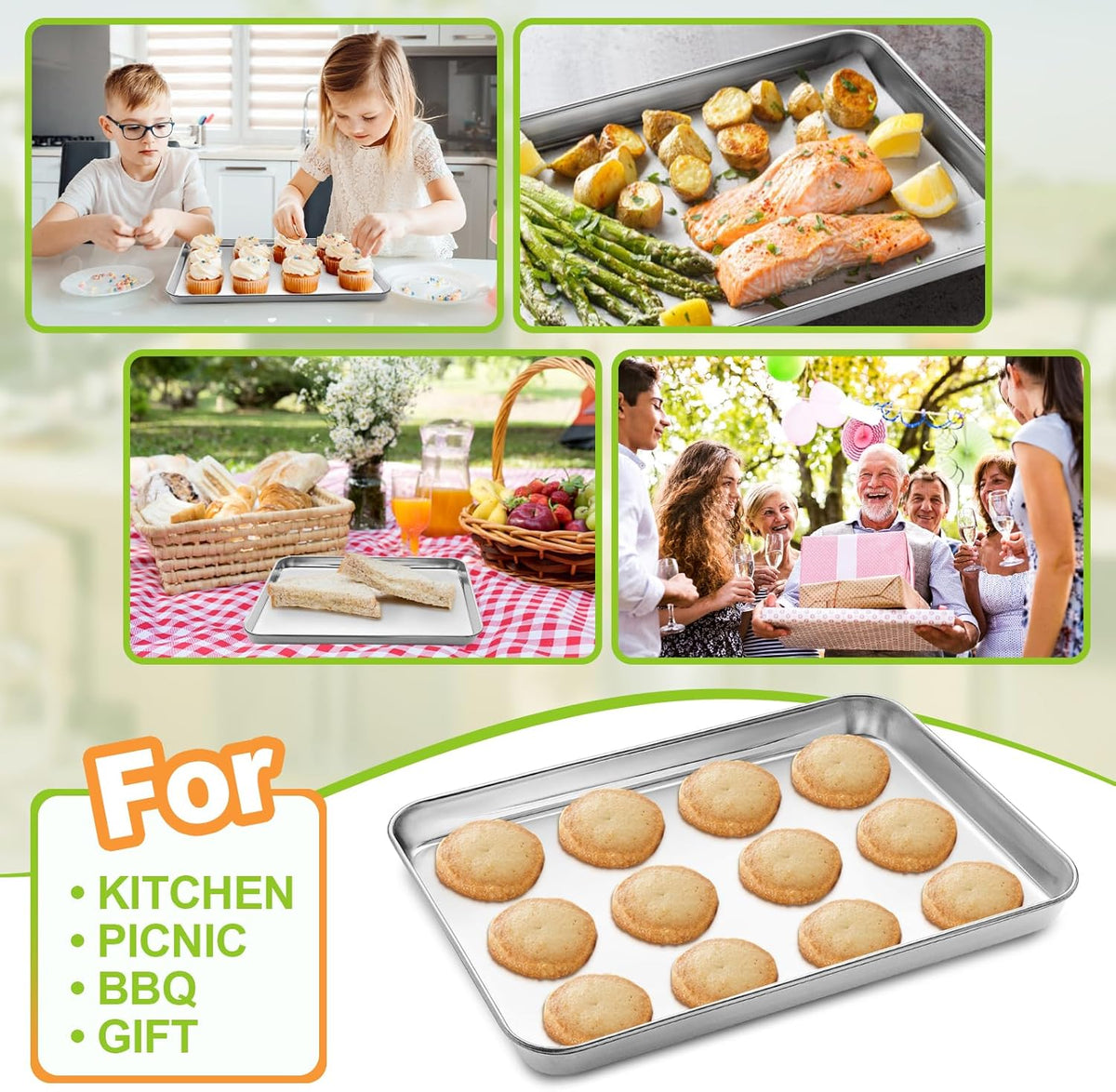 CEKEE Stainless Steel Baking Sheet Set of 2, Cookie Sheet for Baking Pan Tray, Toaster Oven Baking Pan Set, Rectangle Size 16 x 12 x 1 inch, Non Toxic, Mirror Finish & Rust Free, Dishwasher Safe