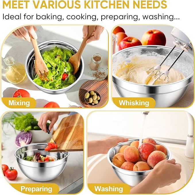 TeamFar Mixing Bowls, 3PCS Stainless Steel Serving Salad Bowls with Lids & 3 Graters, For Kitchen Mixing/Baking/Storing/Prepping, Visible & Airtight, Easy Clean - 4.5/3 / 1.5 QT, Multi-color