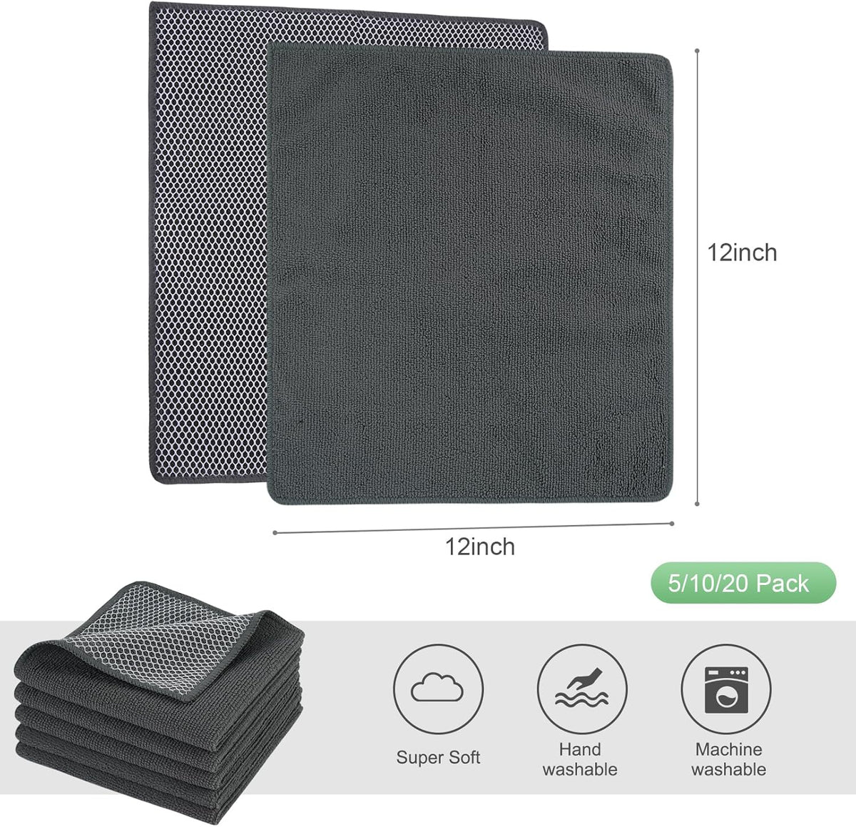 SINLAND Microfiber Dish Cloths Wash Clothes for Kitchen Best Kitchen Cloths Cleaning Cloth Poly Scour Side 12"x12" (10Pack, Dark Grey)