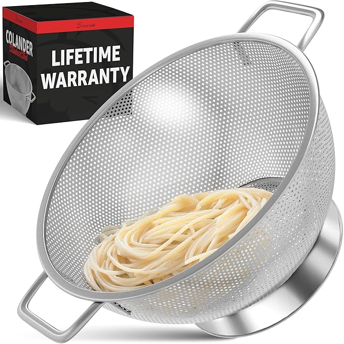 PriorityChef Premium 5Qrt Stainless Steel Colander for Kitchen, Durable Rice and Pasta Strainer with Handle, Rust-Resistant & Dishwasher Safe
