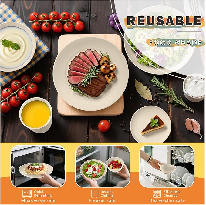 Wheat Straw Dinnerware Sets for 8, 32 PCS Unbreakable Plates and Bowls Sets, Kitchen Dish Set - Dinner Plate/Dessert Plate/Cereal Bowl/Cup, for Outdoor Camping RV Apartment Essentials - Beige