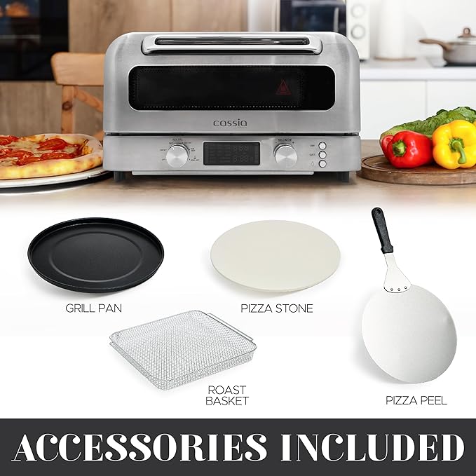 Cassia Countertop Electric Air Fryer Pizza Oven, 12" Capacity, 20L, 1800W, Heats up to 750°F, 16 Presets, Includes Pizza Stone, Peel, Fry Basket, Stainless Steel
