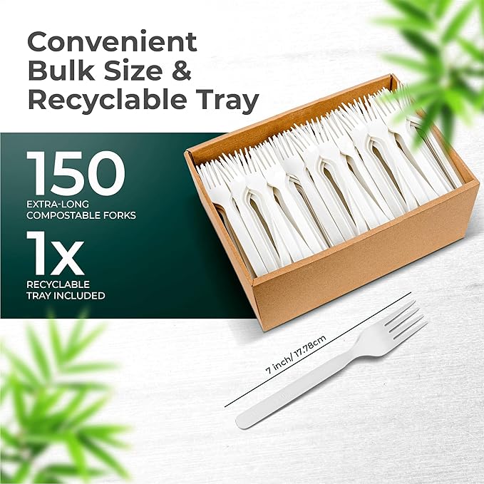 100% Compostable Forks 150 Large biodegradable forks Disposable Compostable Cutlery Silverware Utensils durable and heat resistant alternative to plastic forks with convenient tray by KOALALOVE