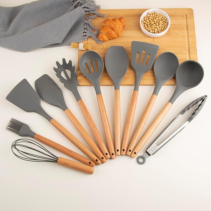 Silicone Cooking Utensils Set, Premium Beech Wood Handle Kitchen Gadgets Utensil Set, Non-Stick Kitchen Utensils Spatula, Tongs, Turner, Whisk, Brush, Spoon, BPA FREE, 446°F Resistant (Dark Gray)