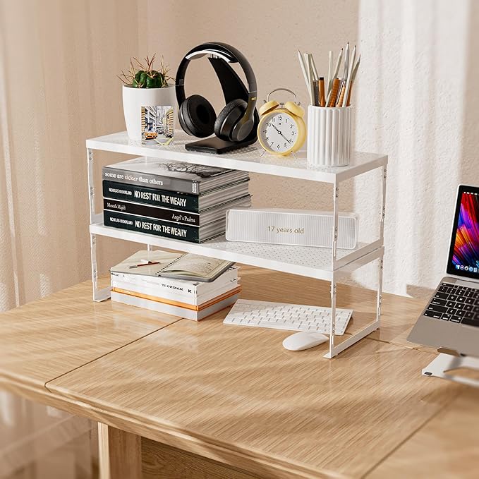 Stackable Expandable Metal Shelf Organizer - Adjustable Wire Storage Rack with Holes for Kitchen, Bathroom, Cabinet, Office - Space Saving, Durable & Sturdy Design（2PACKS/Large/White