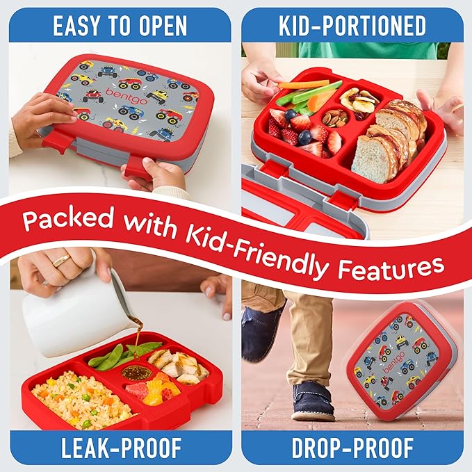 Bentgo Kids Prints Leak-Proof, 5-Compartment Bento-Style Kids Lunch Box - Ideal Portion Sizes for Ages 3-7, Durable, Drop-Proof, Dishwasher Safe, & PFAS & BPA-Free Materials (Trucks)