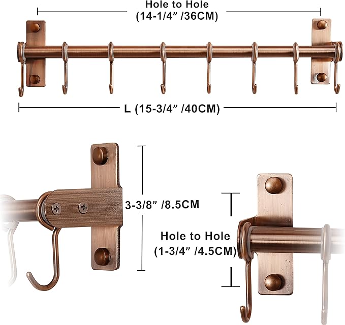 Dseap Kitchen Untentil Rail with 8 Hooks,Hanging Rack for Pots and Pans, Plants, Double Bars, Wall Mounted, Antique Copper, Pack of 2