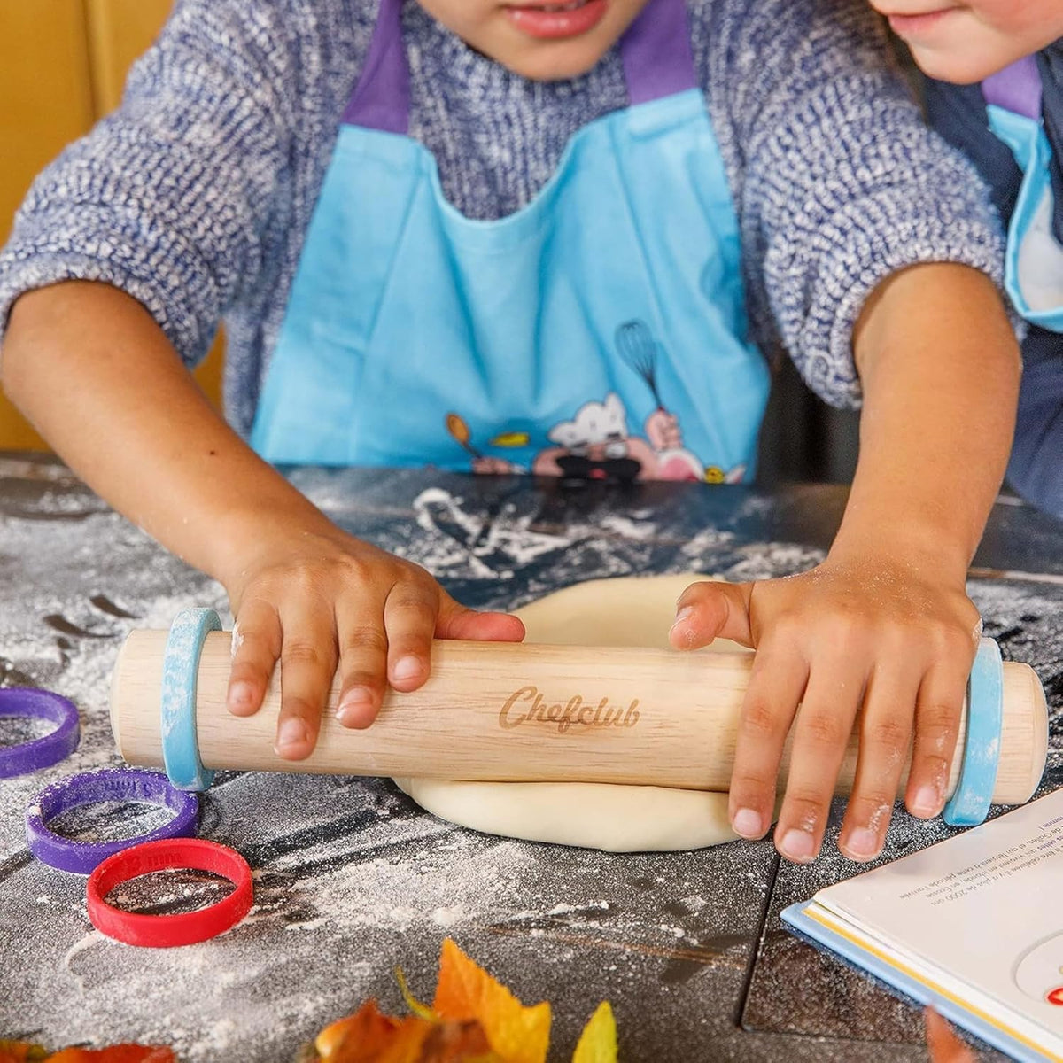 Chefclub Kids Adjustable Wooden Rolling Pin - 3 Removable Silicone Rings - Perfect for Baking & Pastry, Pizza, Pie, Cookie Dough - Precision Baking Tool for Kids