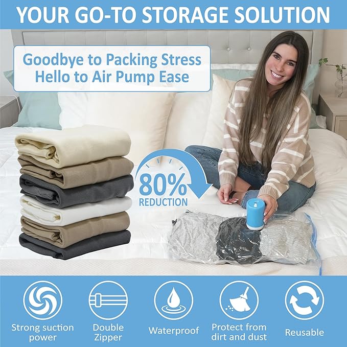 Cozy Essential Travel Vacuum Storage Bags with Portable Electric Pump, Vacuum Seal Space Saver Bags for Clothing and Luggage, 12 Pack