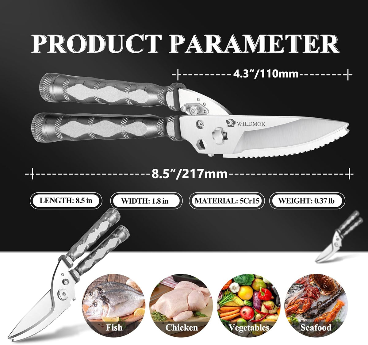 WILDMOK Heavy Duty Poultry Shears - 8.5 Inch Multi-function Stainless Steel Poultry Outdoor Shears, Ultra Sharp Kitchen Scissors for Outdoor Camp, Grey