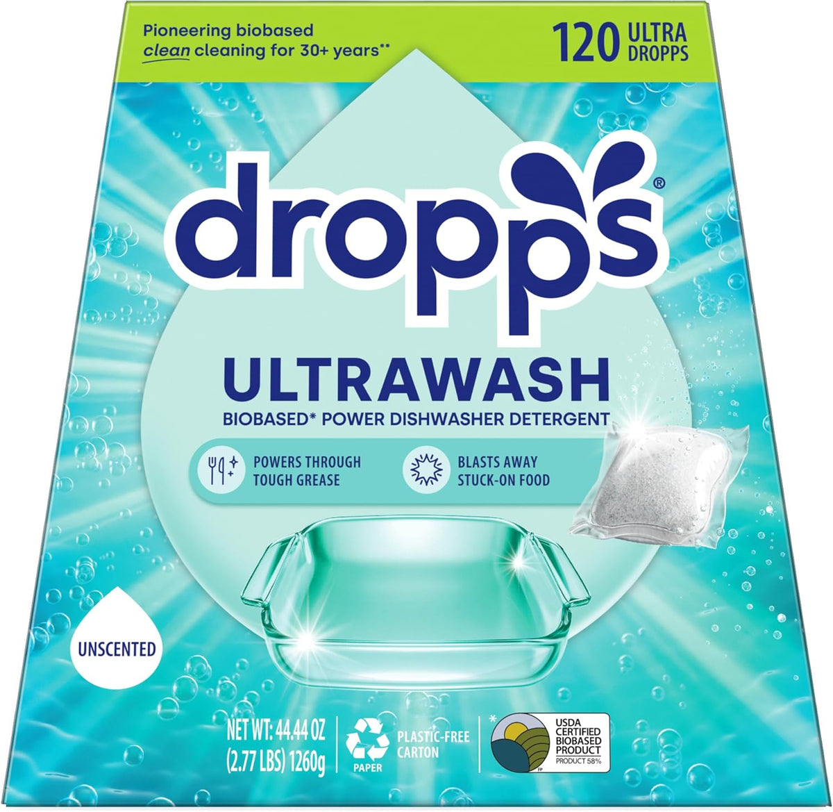 Dropps UltraWash Dishwasher Pods, Unscented (120 Count) - Biobased Power Deep Clean Dishwasher Detergent Tablets for Sparkling Shiny Dishes - No Rinse Aid or Pre-Wash Needed - Dishwashing Pods