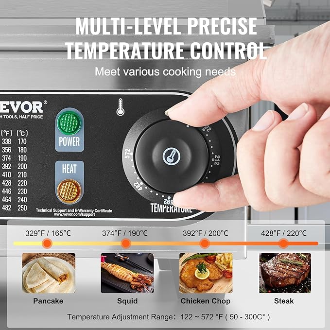VEVOR Commercial Electric Griddle, 1600W Countertop Half-Flat Top Grill, 22in Stainless Steel Griddle Grill with 2 Shovels and 2 Brushes for Home or Restaurant, 122℉-572℉ Adjustable Temp