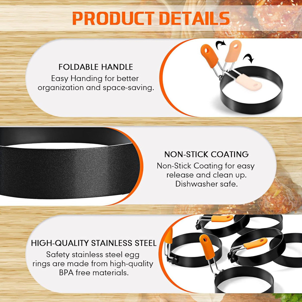 Patelai 6 Pcs Professional Egg Ring Pancake Ring Set Stainless Steel Fried Egg Molds Griddle Pancake Shapers with Orange Silicone Handle for Breakfast Omelette Sandwich(4 Inch)
