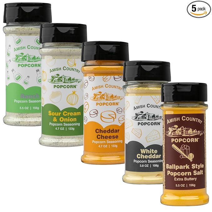 Amish Country Popcorn | Seasoning Variety Pack | 5 Bottles | Ballpark Buttersalt, Cheddar Cheese, White Cheddar, Ranch, Sour Cream and Onion | Old Fashioned, Non-GMO and Gluten Free