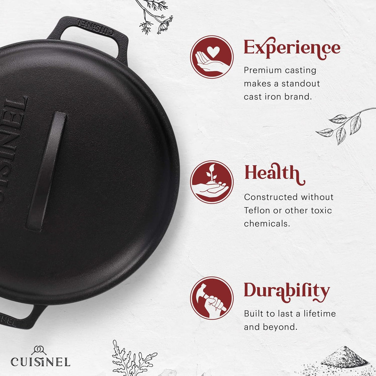 Cuisinel Cast Iron Dutch Oven - 7-Quart Deep Pot + Lid + Pan Scraper + Handle Covers - Large Pre-Seasoned Cooker for Baking Bread, Soup, Frying - Indoor/Outdoor Kitchen, Camping, Fire, BBQ Safe