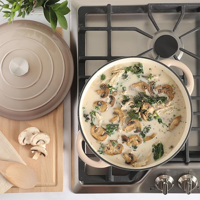 Gibson Home Addlestone 7 Qt Enameled Cast Iron Dutch Oven Pot with Lid – Round, Oven Safe to 500°F, Ideal for Bread Baking & Stews - Gradient Taupe