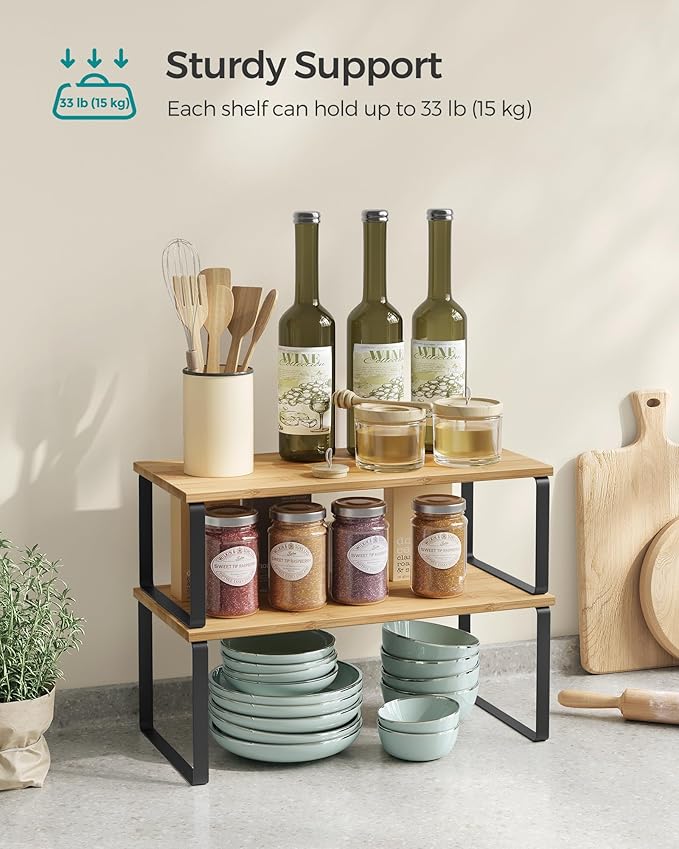 SONGMICS Cabinet Organizer Shelf, Set of 4 Kitchen Counter Shelves, Kitchen Storage, Spice Rack, Stackable, Expandable, Metal and Engineered Wood, Ink Black and Natural Beige UKCS210B01