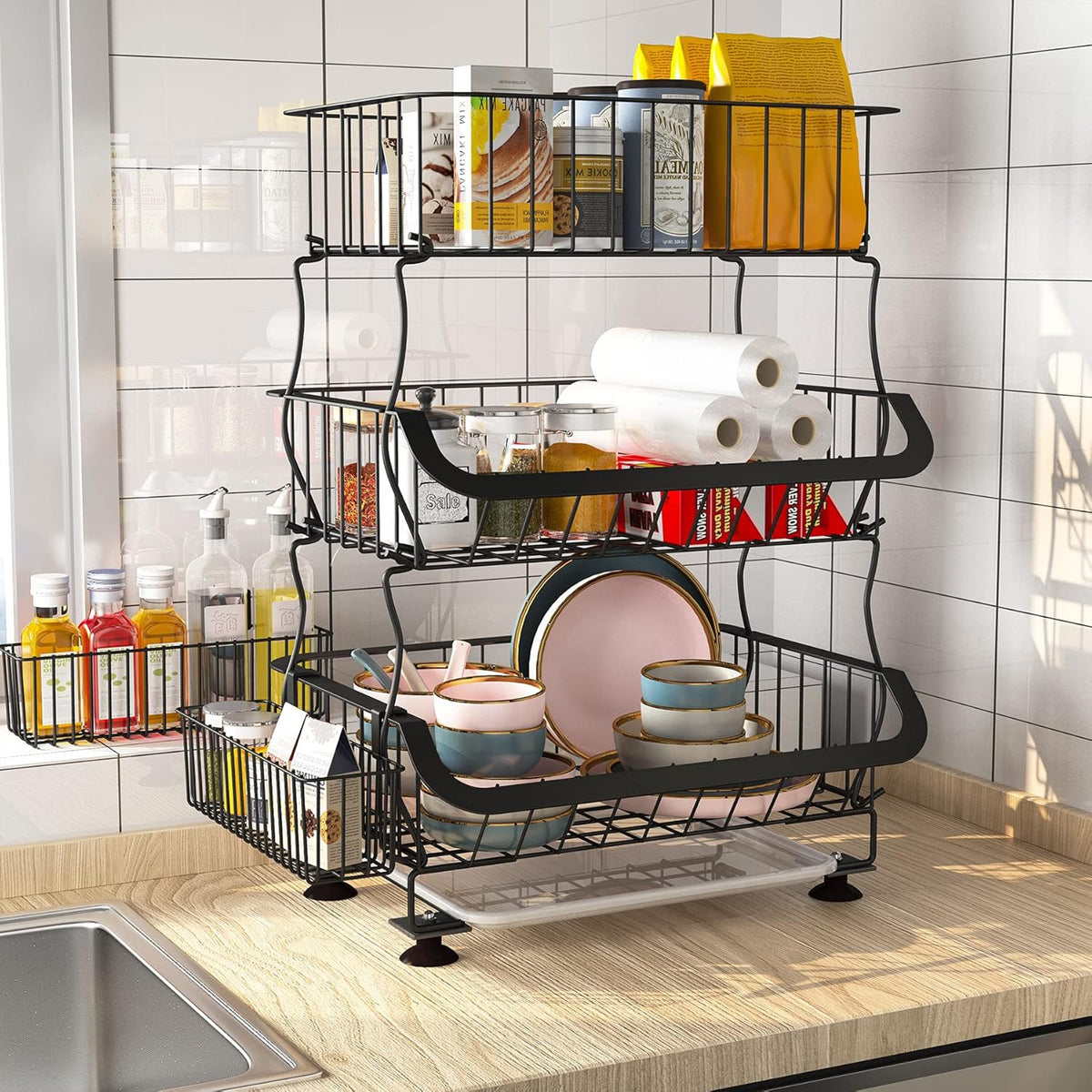 Fruit Basket, 1Easylife 3 Tier Stackable Metal Wire Basket Cart with Rolling Wheels, Utility Rack for Kitchen, Pantry, Garage, With 2 Free Baskets
