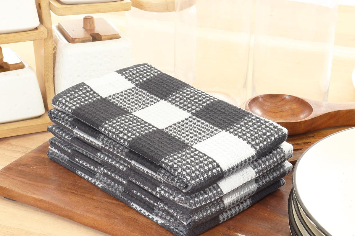 PurpleEssences 100% Cotton Waffle Weave Check Plaid Kitchen Towels, Super Soft and Absorbent Dish Towels for Drying Dishes 15 x 25-4 Pack - Spring Summer - Steel Grey and White