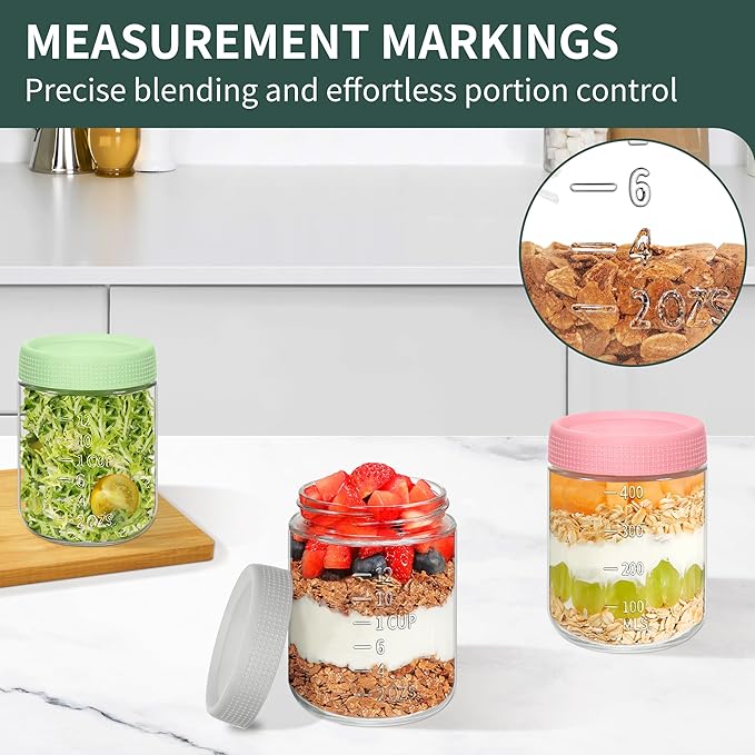 6-Pack 16oz Overnight Oats Containers with Airtight Lids - Glass Mason Jars with Measurement Marks for Yogurt, Meal Prep & Chia Pudding, Stackable & Leakproof