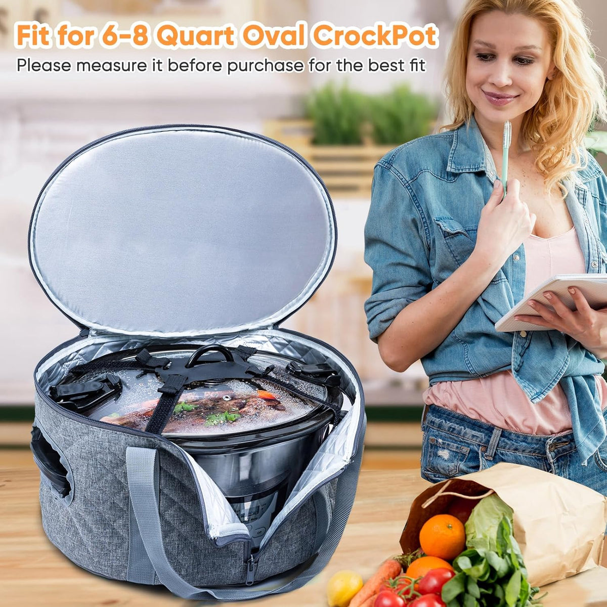 BAGSPRITE Double-layer Slow Cooker Carrying Case Compatible with 6-8 Quart Crockpot Carrier for Hot Food and Hamlton Beach Slow Cooker Tote with Lid Fastener for Crock-pot Dust Cover Applicances