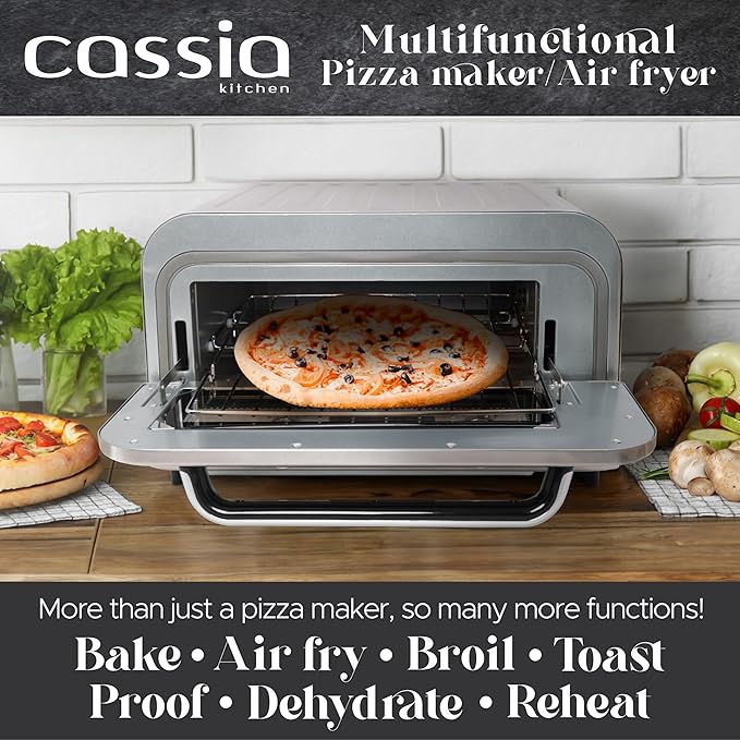 Cassia Countertop Electric Air Fryer Pizza Oven, 12" Capacity, 20L, 1800W, Heats up to 750°F, 16 Presets, Includes Pizza Stone, Peel, Fry Basket, Stainless Steel