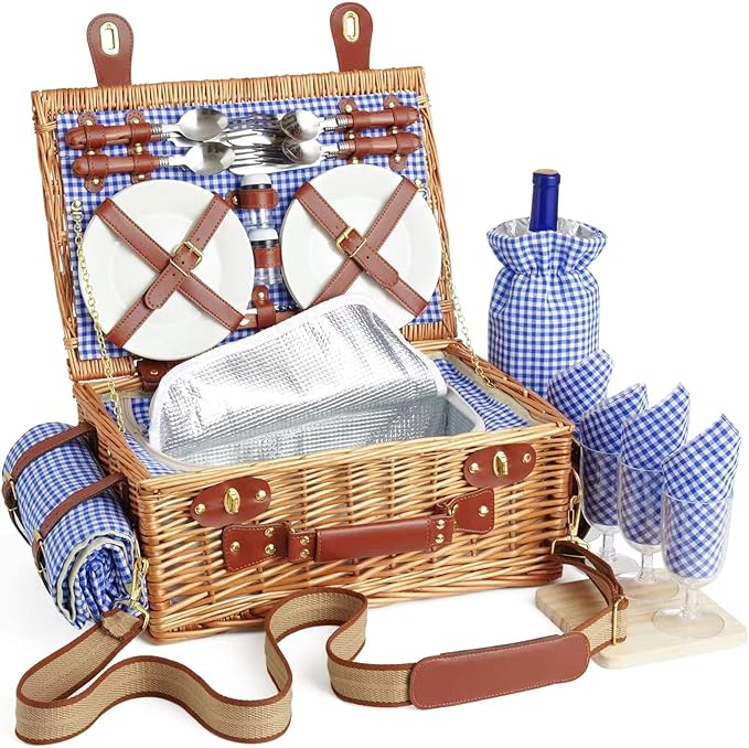 Wicker Picnic Basket Set for 4 Person with Cooler Compartment and Waterproof Picnic Blanket,Removable Strap,Wine Bag,Cutlery Set,for Camping,Day Travel,Beach,Hiking,BBQ and Family/Couples Gifts