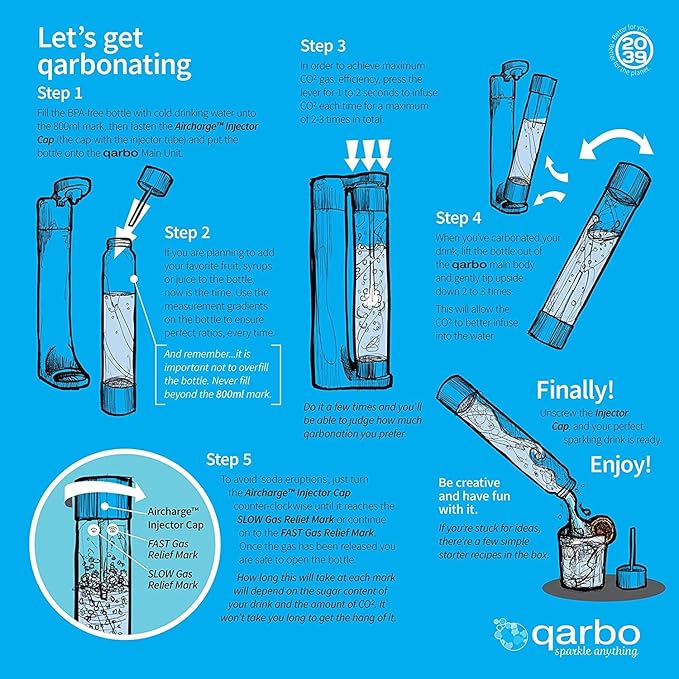 Twenty39 qarbo CLASSIC 1L Water Bottles for Sparkling Water Maker and Fruit Infuser - Set of 2 (Matte Black)