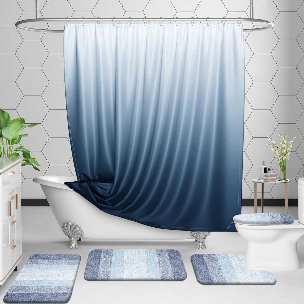 OLANLY Luxury Toilet Rugs U-Shaped 24x20, Extra Soft and Absorbent Microfiber Bathroom Rugs, Non-Slip Plush Shaggy Bath Mat, Machine Wash Dry, Contour Bathroom Mats for Toilet Base, Blue