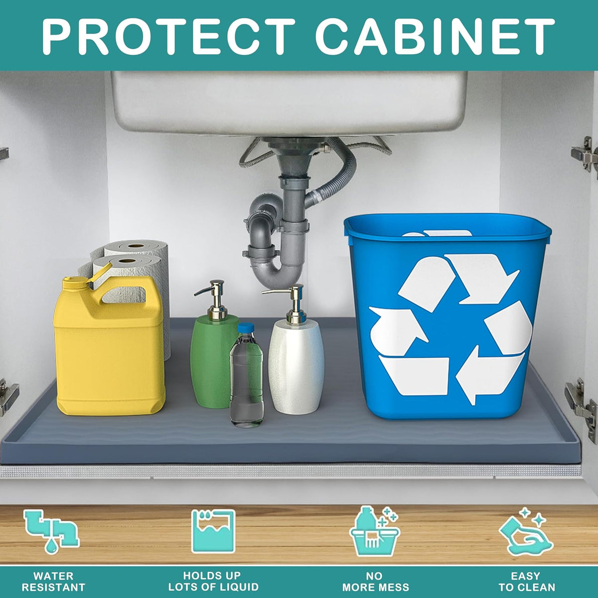 URMONA Waterproof Silicone Under Sink Mat 34'' x 22'' Shelf Liner for Kitchen and Bathroom, Cabinet and Counter Protector, Storage and Organizers, Litter Mat, Pet Cat Puppy Essentials(Dark Grey)